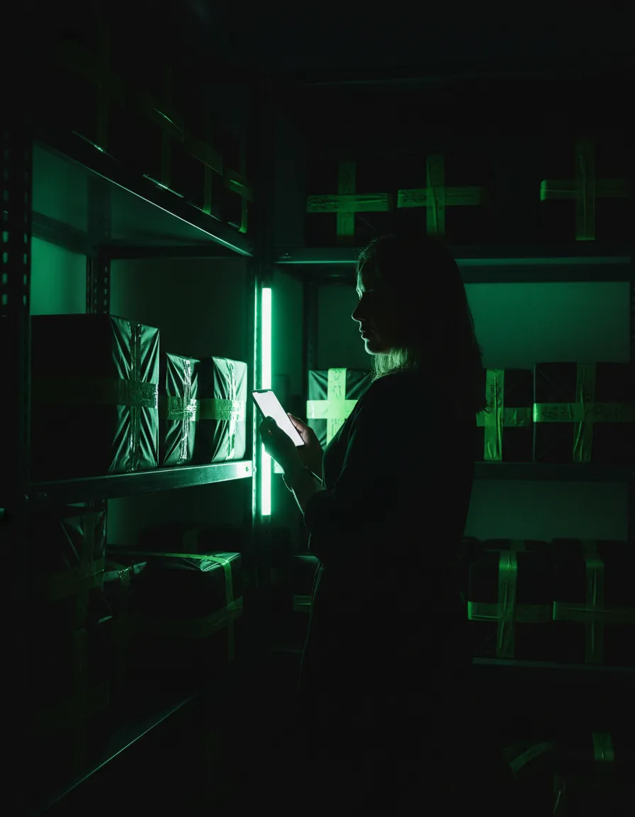 Lojista no estoque da loja, à noite, com pacotes prontos para enviar