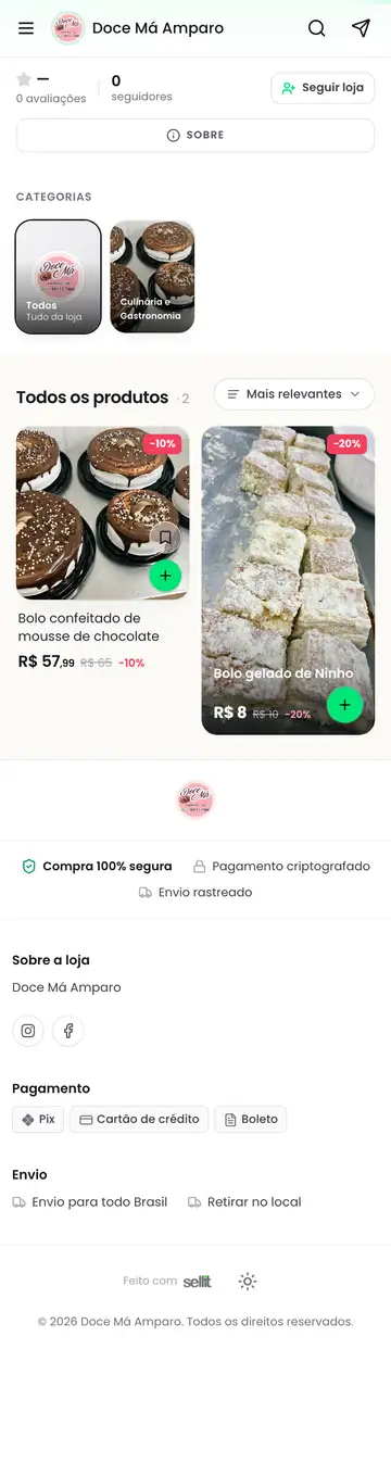 Loja Doce Má Amparo aberta no celular, com a vitrine e os produtos