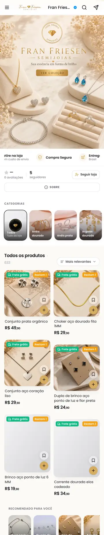 Loja Fran Friesen Semijoias aberta no celular, com a vitrine e os produtos