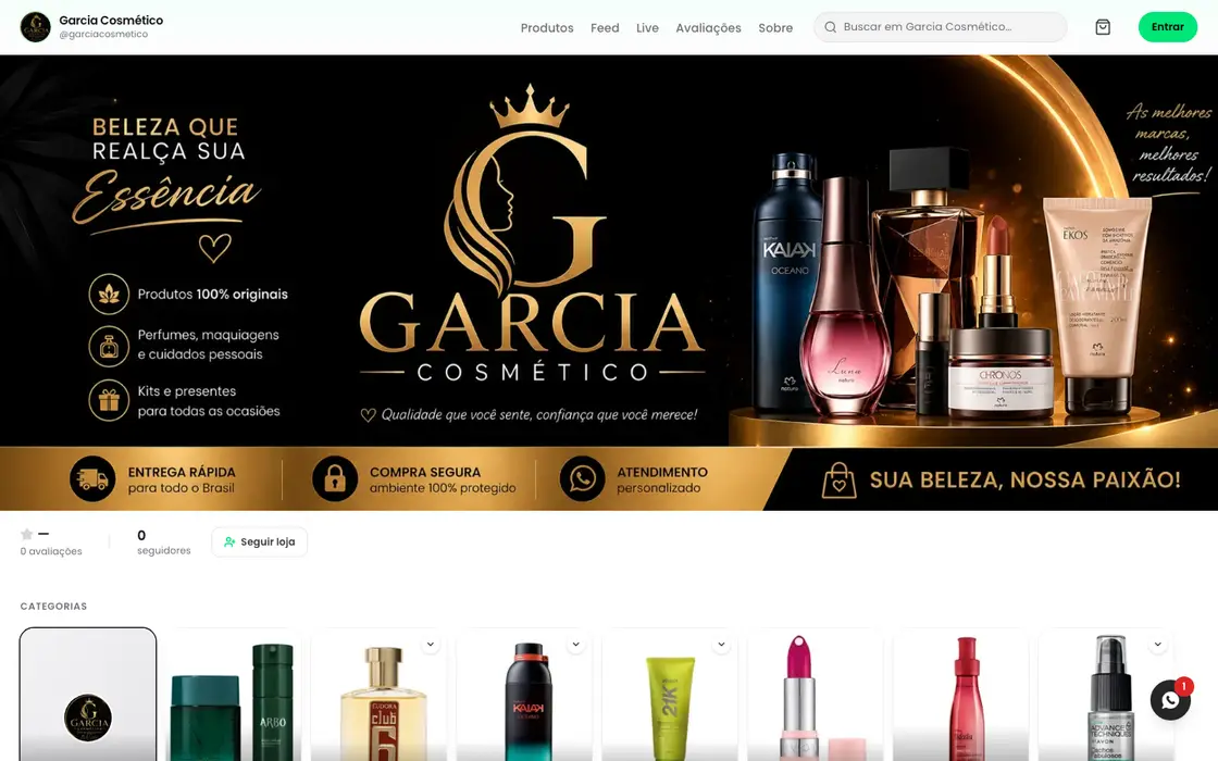 Página inicial da loja Garcia Cosmético no computador