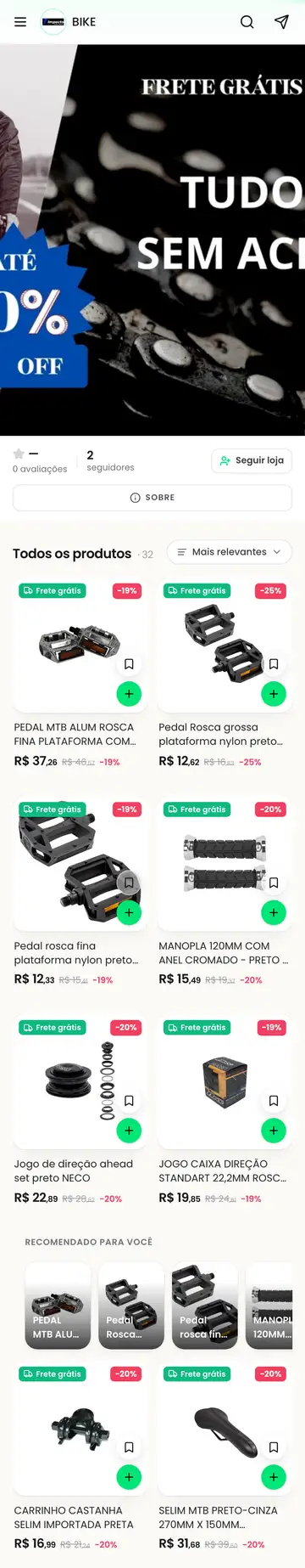 Loja Bike aberta no celular, com a vitrine e os produtos