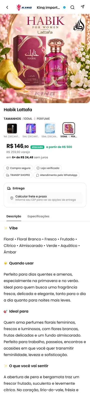 A mesma página de produto da King Importados aberta no celular