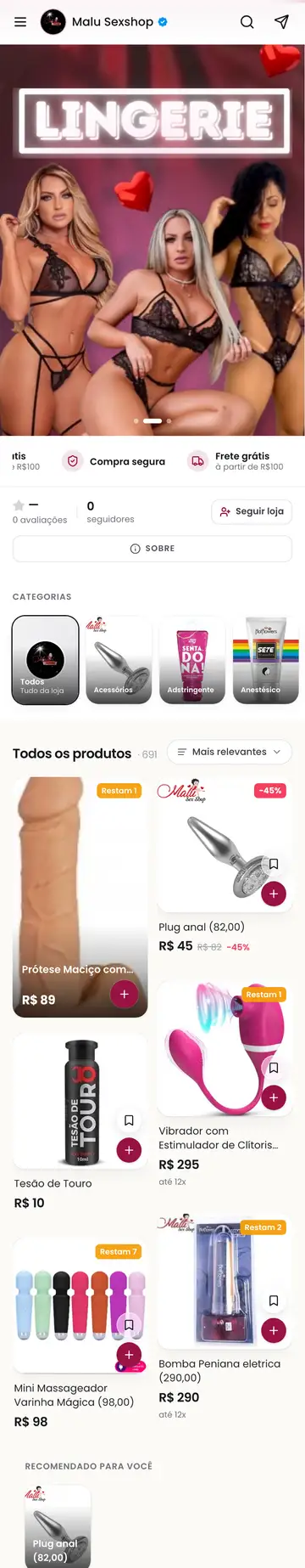 Loja Malu Sexshop aberta no celular, com a vitrine e os produtos
