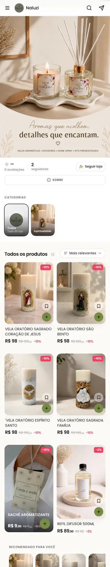 Loja Naluzi aberta no celular, com a vitrine e os produtos