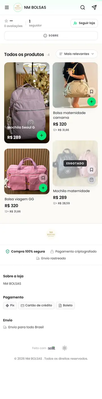 Loja NM Bolsas aberta no celular, com a vitrine e os produtos