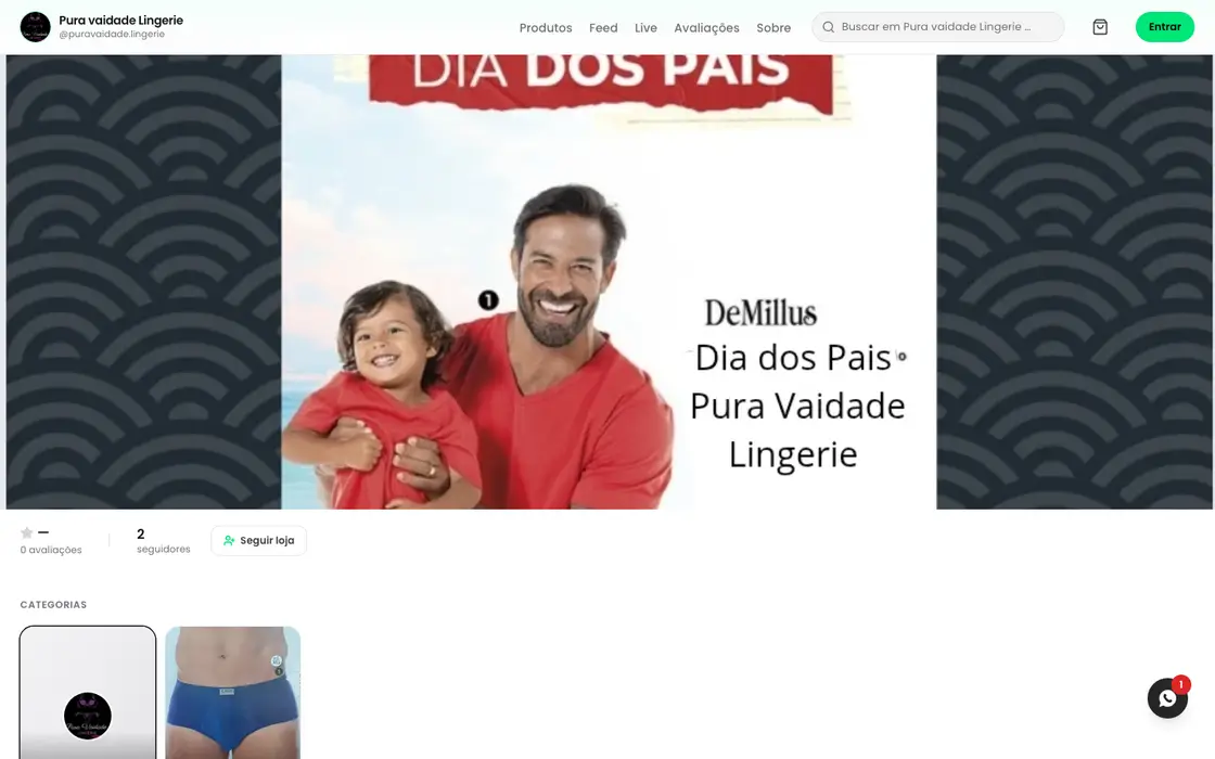 Página inicial da loja Pura Vaidade Lingerie no computador