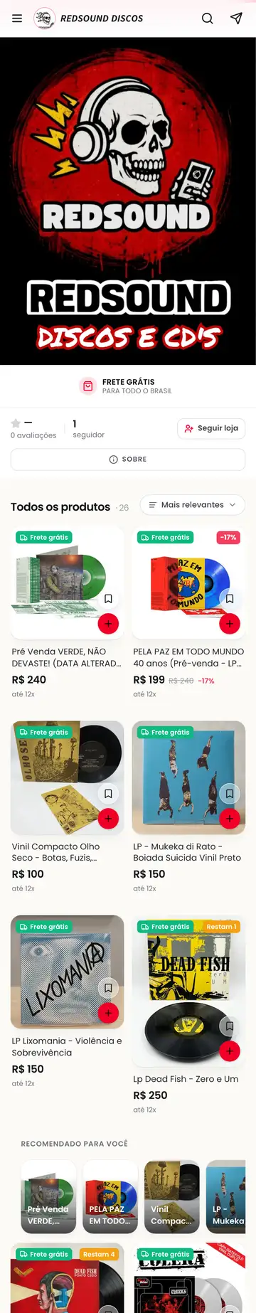 Loja Redsound Discos aberta no celular, com a vitrine e os produtos