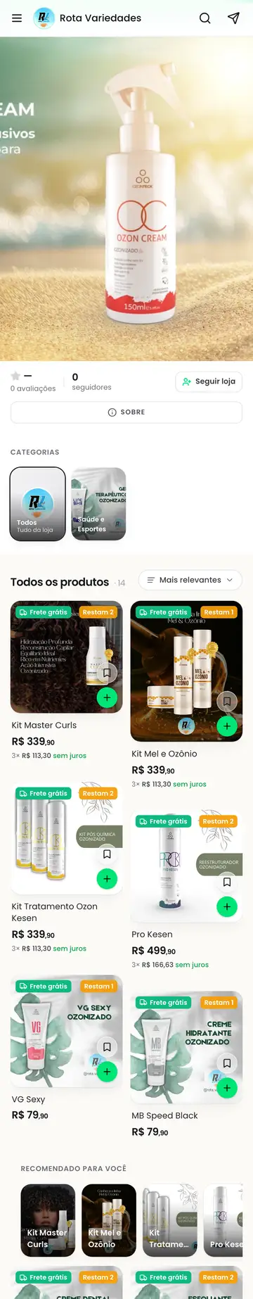 Loja Rota Variedades aberta no celular, com a vitrine e os produtos