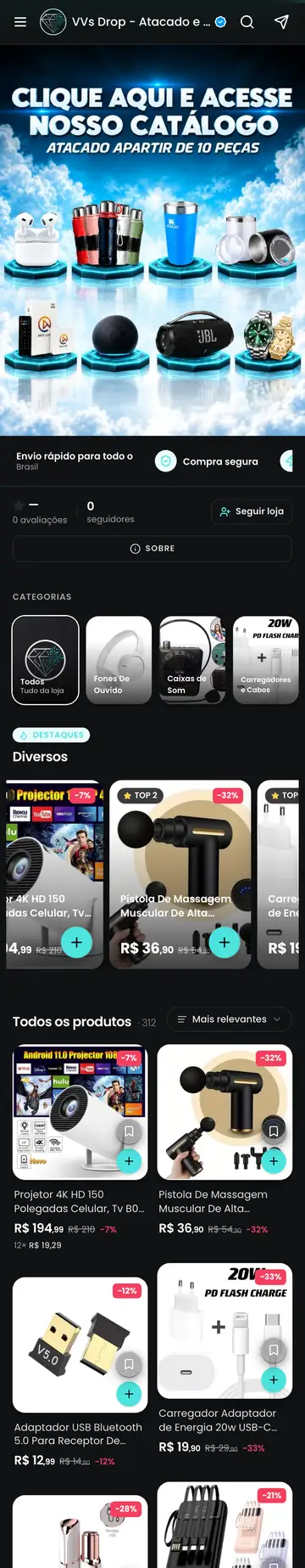 Loja VVs Drop aberta no celular, com a vitrine e os produtos