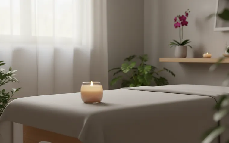 Maca de massagem coberta por lençol, com uma vela acesa em cima, plantas ao redor e uma orquídea na prateleira, numa sala de luz suave