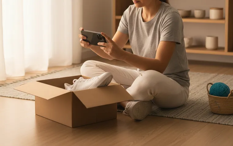 Cliente sentada no chão de casa fotografando com o celular o tênis que acabou de tirar da caixa