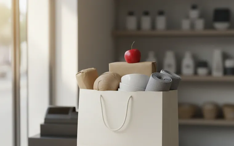 Sacola de compras lisa cheia de produtos lisos sobre o balcão de uma loja