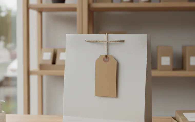 Etiqueta de papel kraft em branco amarrada com barbante numa sacola de loja