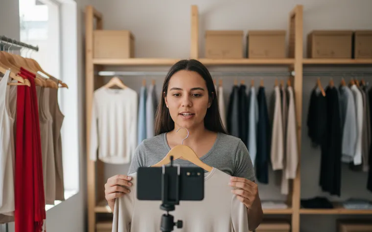 Lojista falando para um celular num tripé enquanto mostra uma peça de roupa, no meio da loja