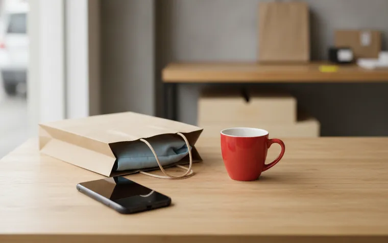Celular sobre a mesa com a tela apagada ao lado de uma sacola de compras meio fechada