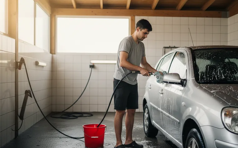 Lavador ensaboando a lateral de um carro prata dentro do box de azulejos do lava jato, com mangueira e balde vermelho