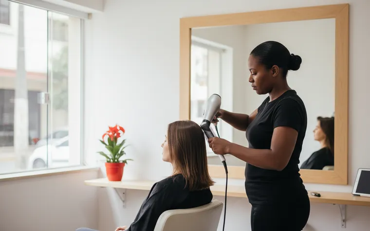 Cabeleireira de roupa preta secando o cabelo de uma cliente sentada diante de um espelho grande, num salão claro com vaso de flor vermelha na janela