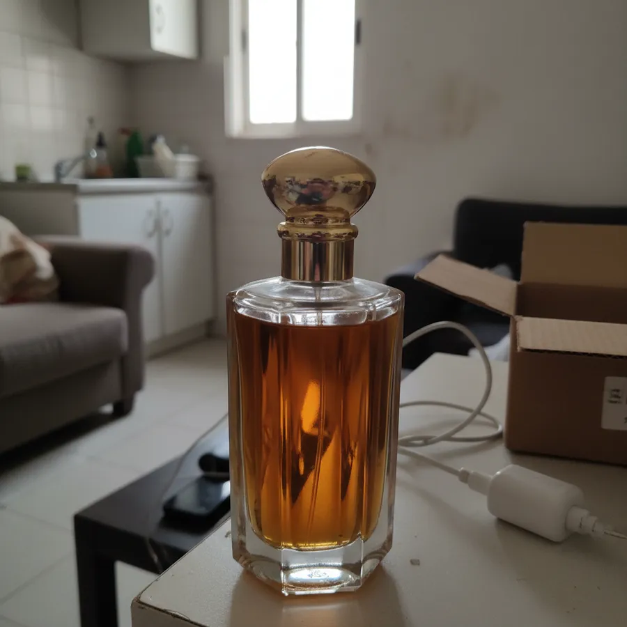 Frasco de perfume sem marca fotografado com o celular, em casa