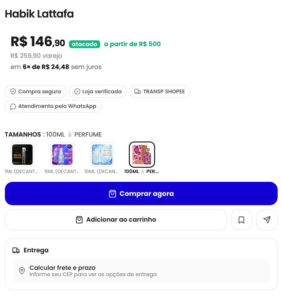 Página do perfume Habik Lattafa na loja King Importados: R$ 146,90 no atacado a partir de R$ 500 e R$ 259,90 no varejo