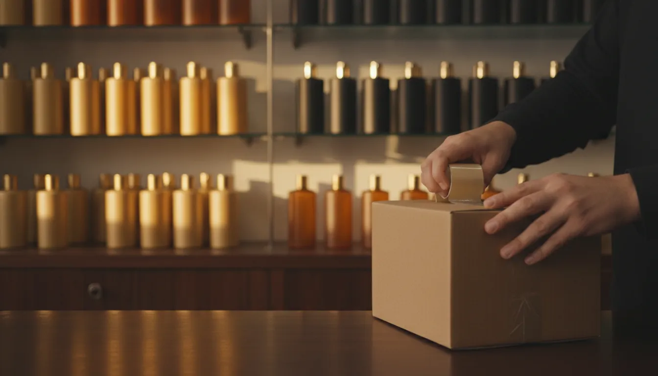 Mãos fechando uma caixa de pedido no balcão de uma perfumaria, com prateleiras de frascos ao fundo