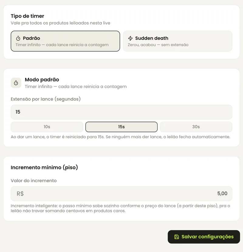 Configuração do leilão no painel: tipo de timer padrão ou sudden death, extensão por lance em segundos e incremento mínimo