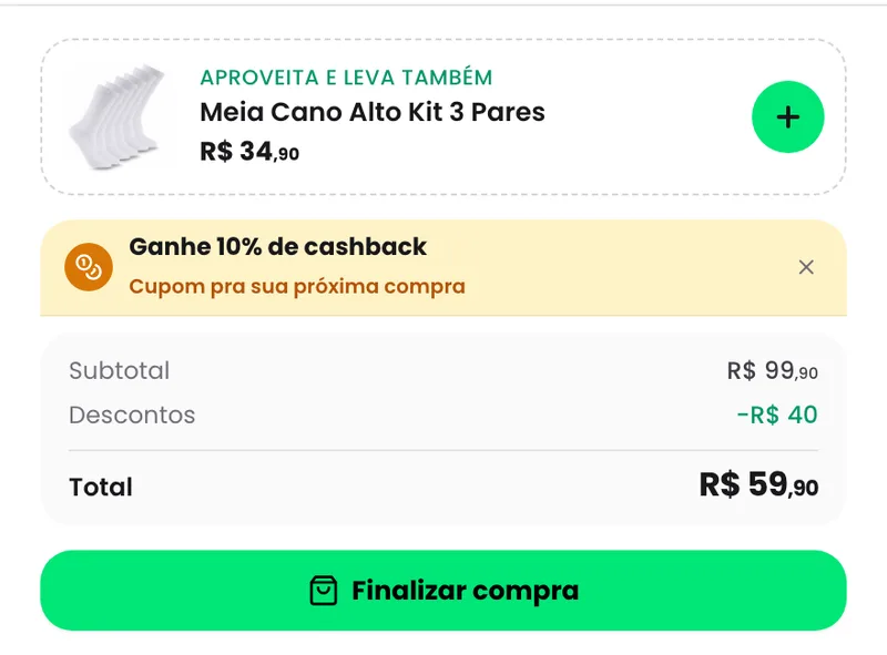 Resumo da sacola do comprador com o desconto da live aparecendo como uma linha separada no total