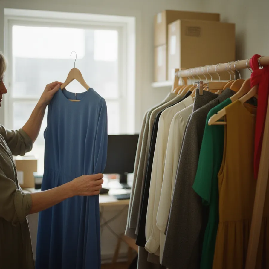 Mulher conferindo um vestido azul no cabide ao lado de uma arara de roupas coloridas, num pequeno brechó com luz de janela