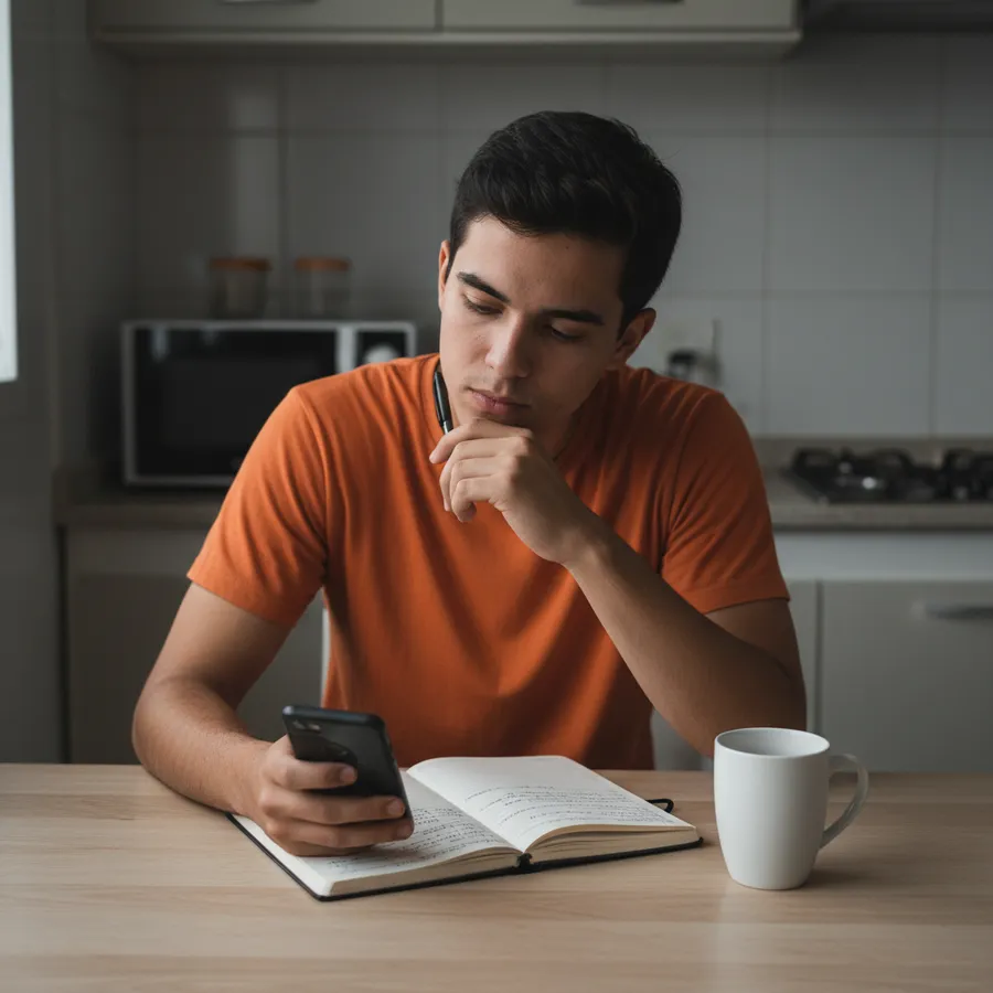 Rapaz sentado à mesa da cozinha, com o celular na mão, pensando diante de um caderno aberto