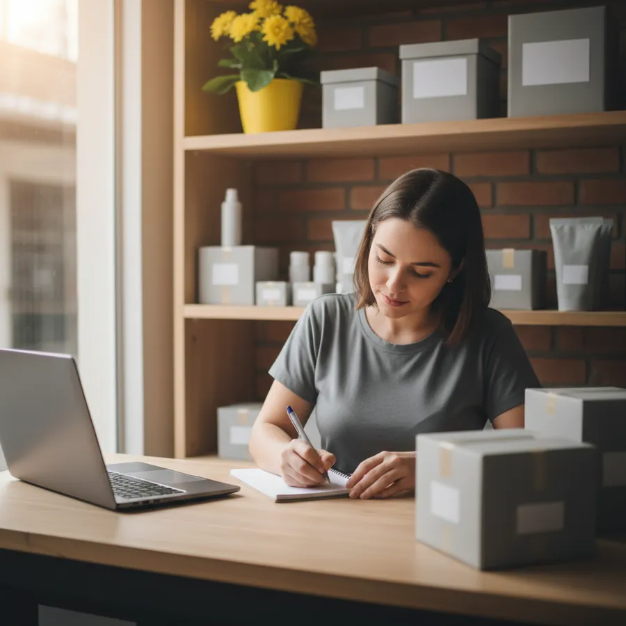 Lojista anotando contas num caderno ao lado de produtos lisos