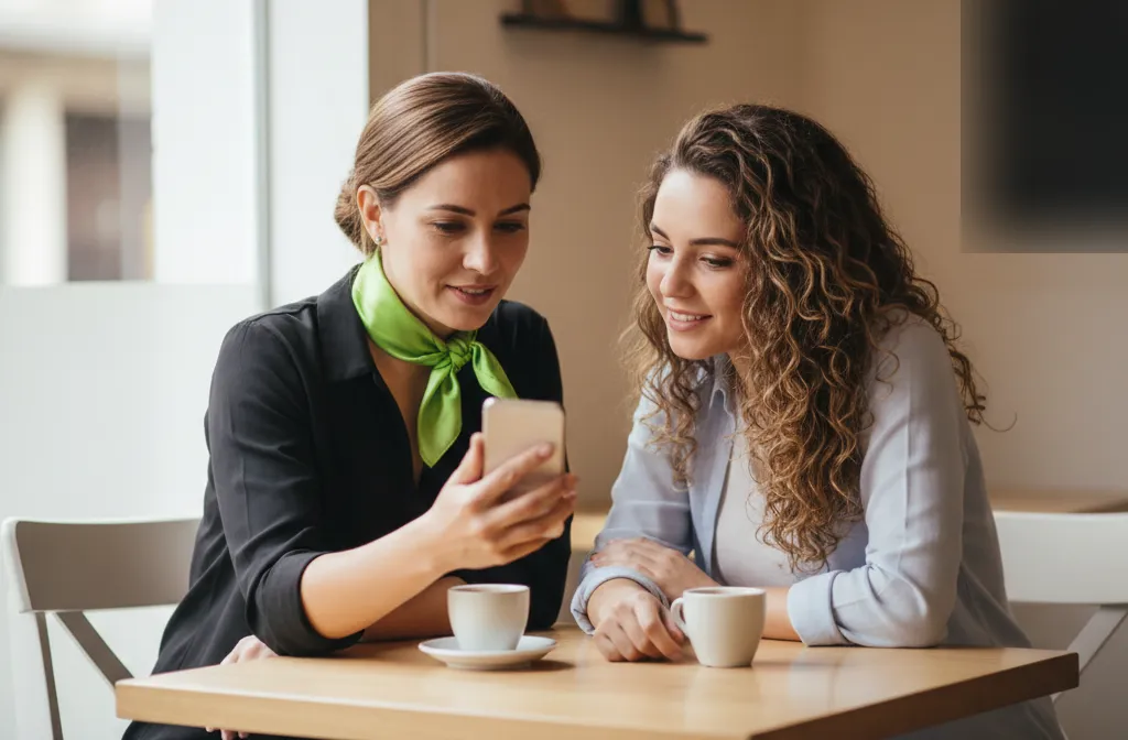 Dona de uma loja pequena mostrando o celular para uma amiga numa mesa de cafeteria