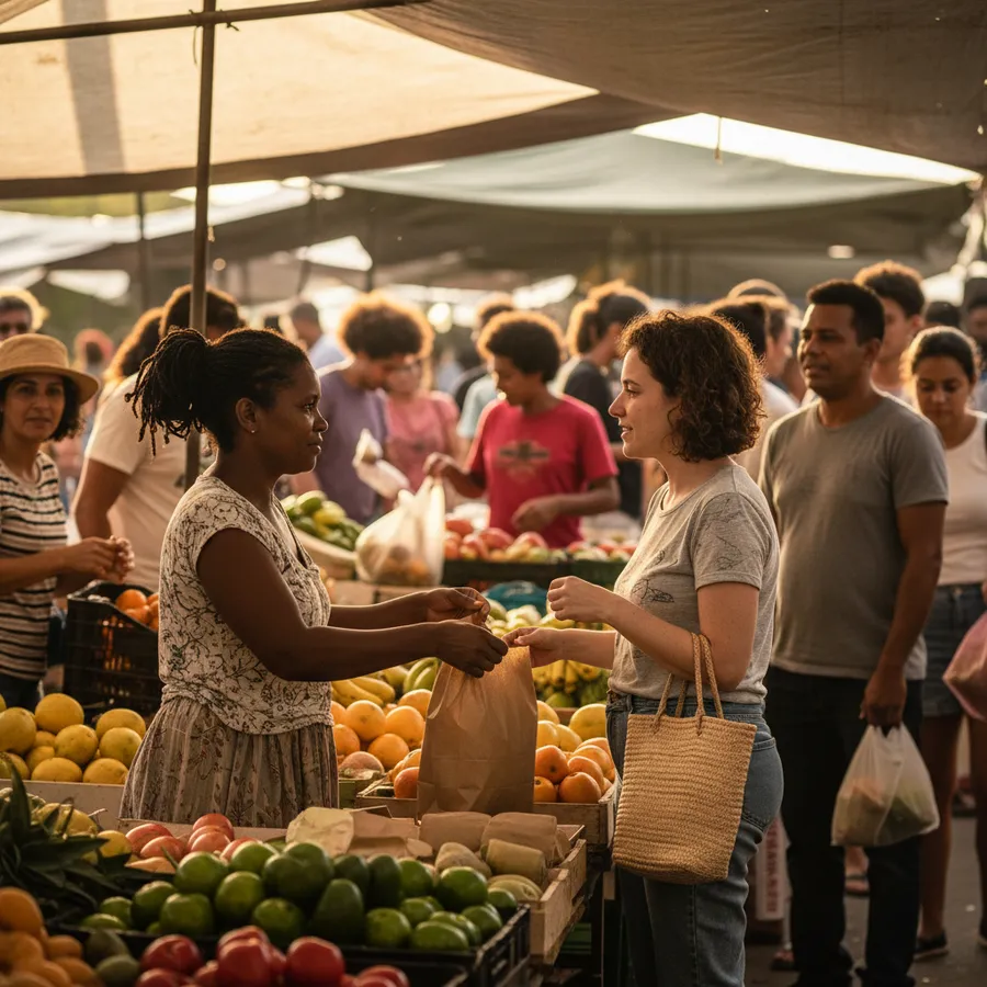 Lojista vendendo em uma banca de feira ao ar livre, entregando uma sacola para uma cliente