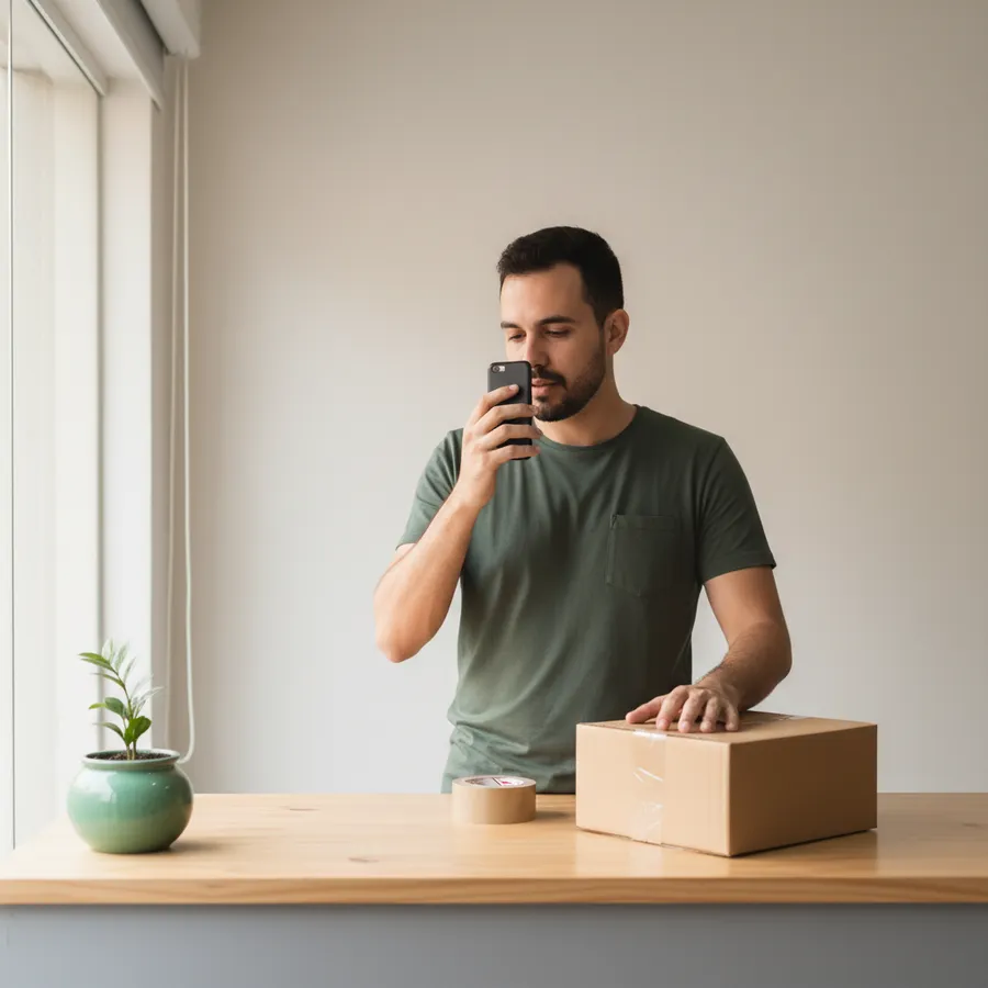 Lojista no balcão da loja gravando um áudio no celular, com uma caixa de papelão pronta para envio ao lado