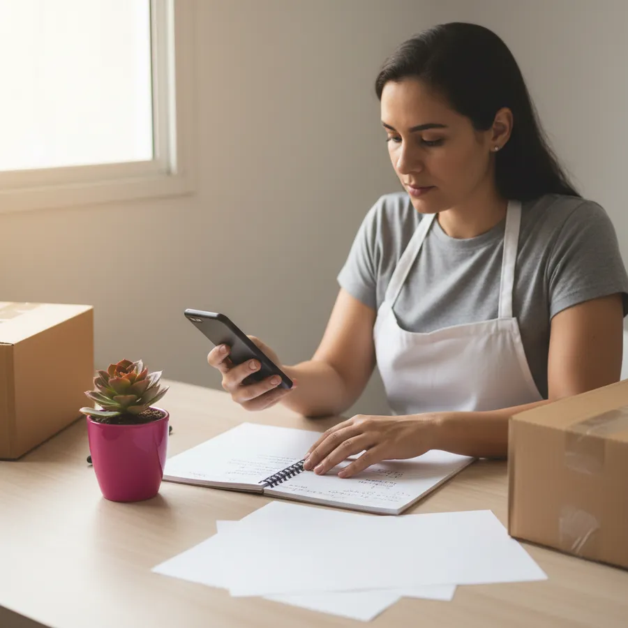 Lojista em casa digitando no celular enquanto confere uma lista de pedidos no caderno