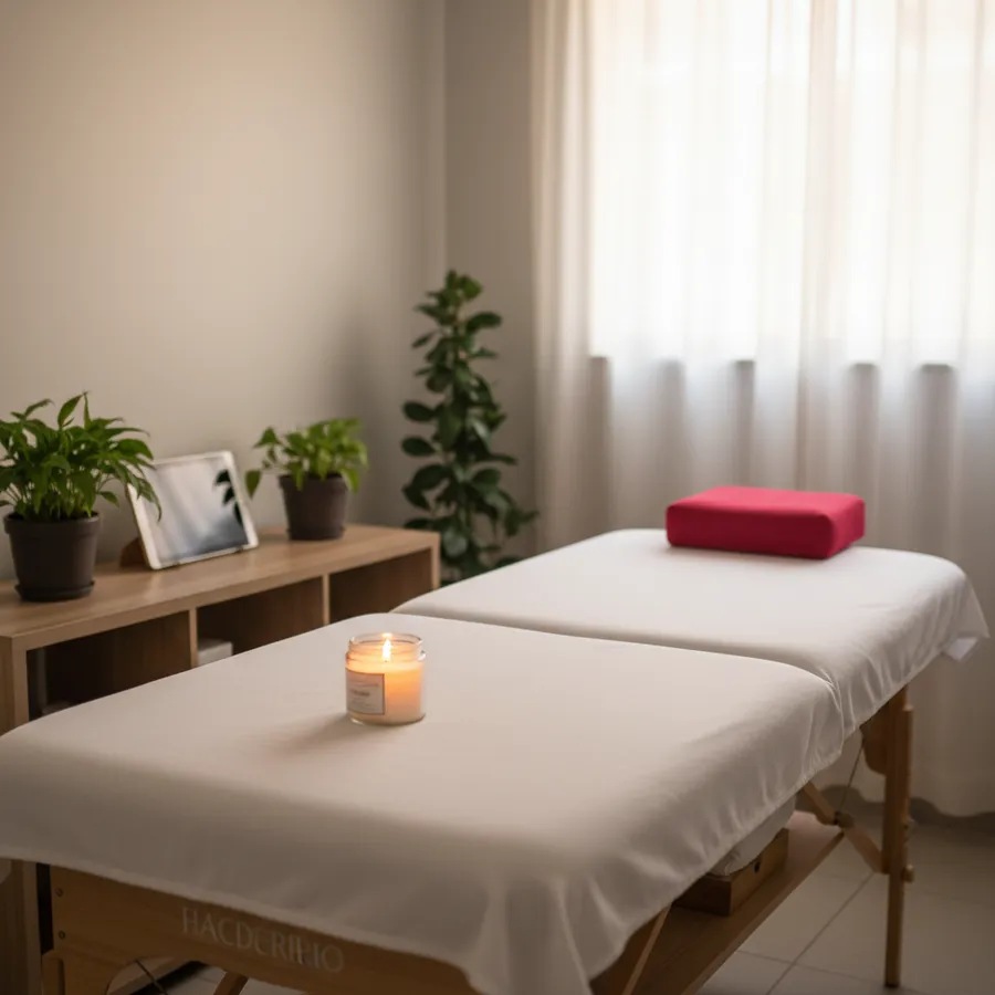 Sala de terapia com maca coberta por lençol branco, uma vela acesa, almofada vermelha, plantas e um tablet apoiado num móvel de madeira, com luz suave entrando pela cortina
