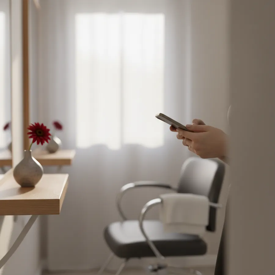 Cabeleireira segurando o celular entre um atendimento e outro, com a cadeira do salão ao fundo