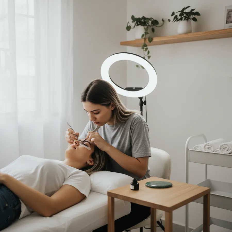 Lash designer de camiseta cinza aplicando extensão de cílios com pinça numa cliente deitada na maca, com ring light acesa ao fundo e uma mesinha de madeira ao lado