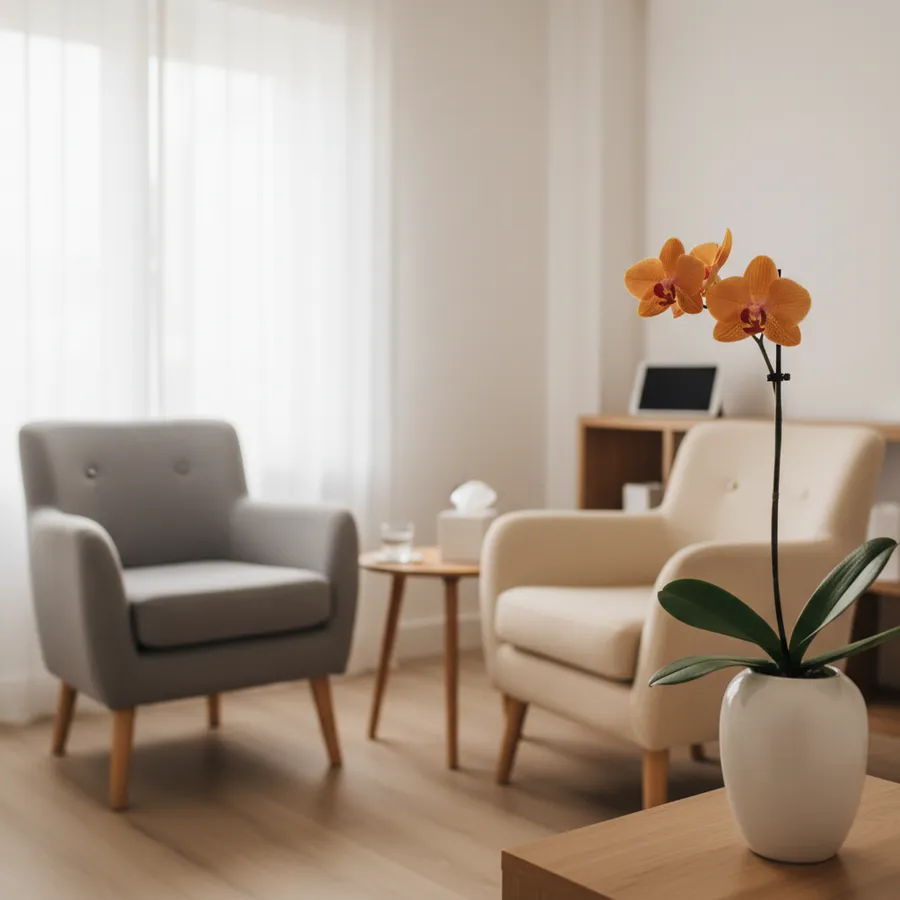 Sala de atendimento acolhedora com duas poltronas, uma mesinha com caixa de lenços e um copo de água, cortina clara e uma orquídea laranja em primeiro plano
