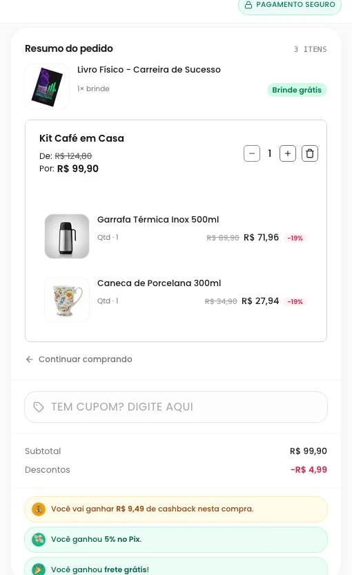 Checkout da loja no celular, com resumo do pedido, frete calculado e as formas de pagamento na mesma tela