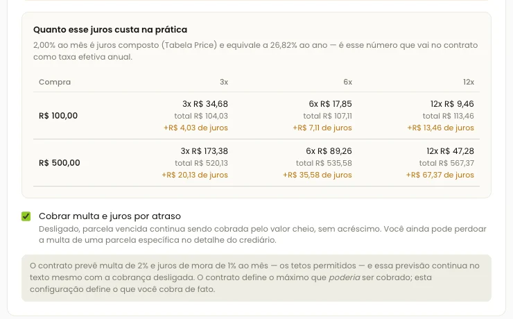 Simulador de juros do crediário, mostrando como a parcela fica em cada percentual