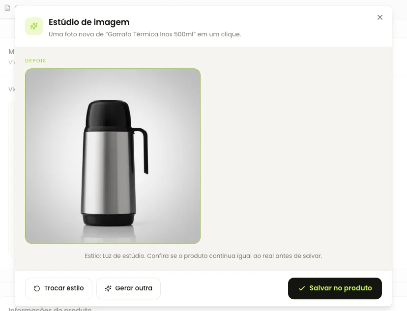 Foto gerada pelo Estúdio de imagem, com o mesmo produto em cenário novo