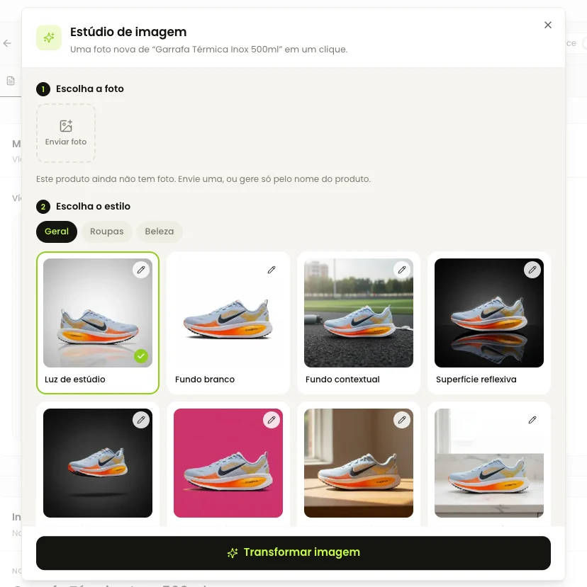 Estúdio de imagem aberto no produto: passo 1 escolher a foto, passo 2 escolher o estilo entre as abas Geral, Roupas e Beleza, com os cartões de exemplo e o botão Transformar imagem