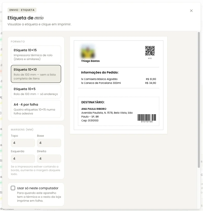 Etiqueta de envio pronta para impressão, com remetente, destinatário e código de barras