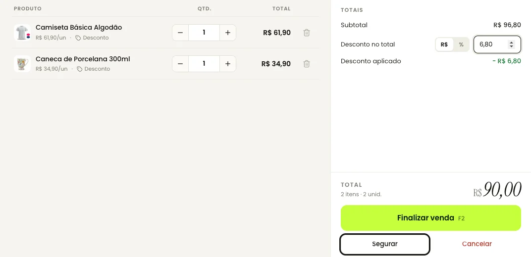 Tela do PDV com dois produtos bipados no carrinho, desconto aplicado e o total da venda