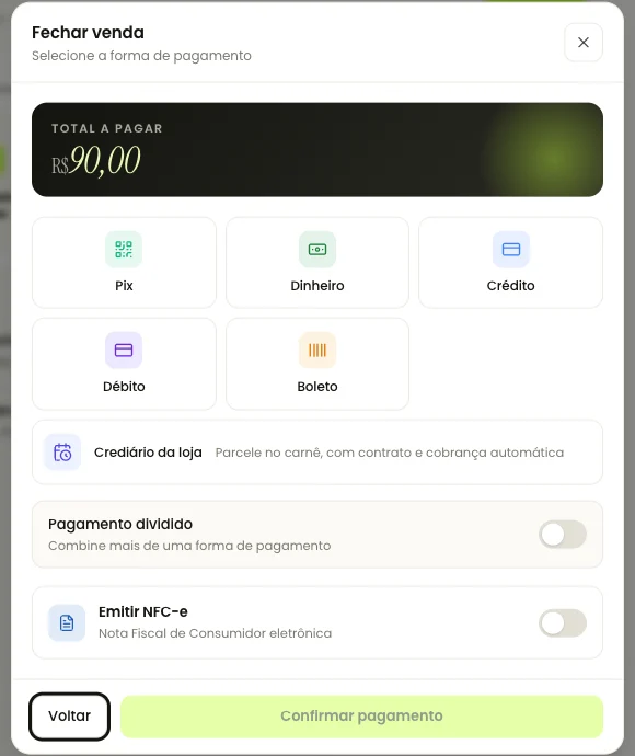Formas de pagamento do PDV: Pix, dinheiro, cartão de crédito e débito, boleto e crediário da loja, com pagamento dividido e emissão de NFC-e