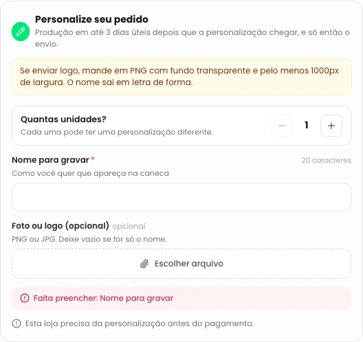 Página do produto personalizável como o comprador vê: prazo de produção, instruções, campo de nome para gravar e envio de arquivo