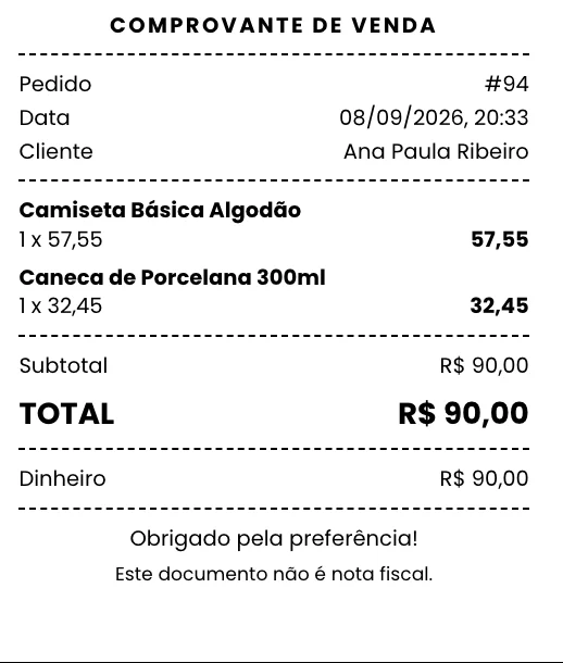 Recibo de venda em bobina de 58 mm, com itens, total, forma de pagamento e troco