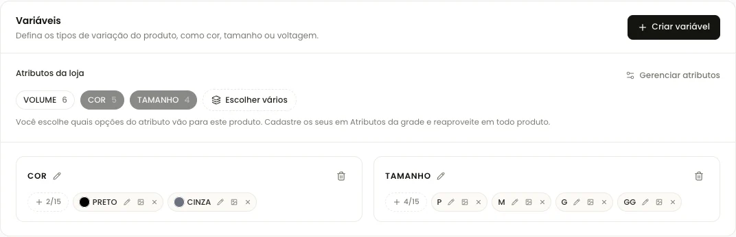 Eixos de variação do produto, com tamanho e cor definidos uma vez